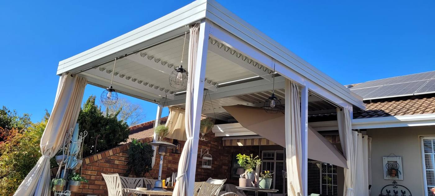 White Louvre with Outdoor Curtains — Olivedale